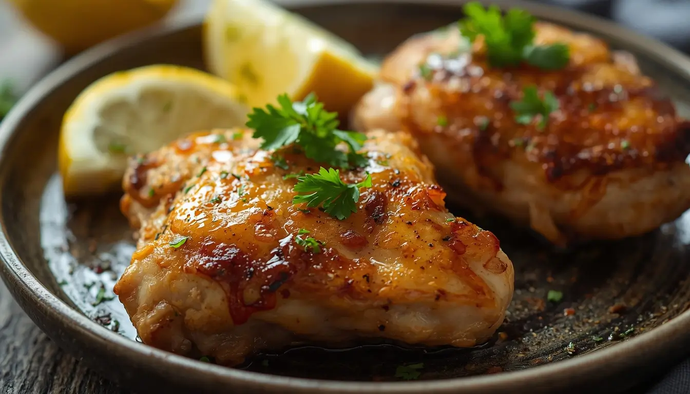 Golden grilled yogurt marinated chicken thighs topped with fresh parsley and served with lemon wedges